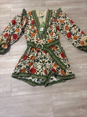 Farm Rio Floral Belted V-Neck Romper with Puff Sleeves